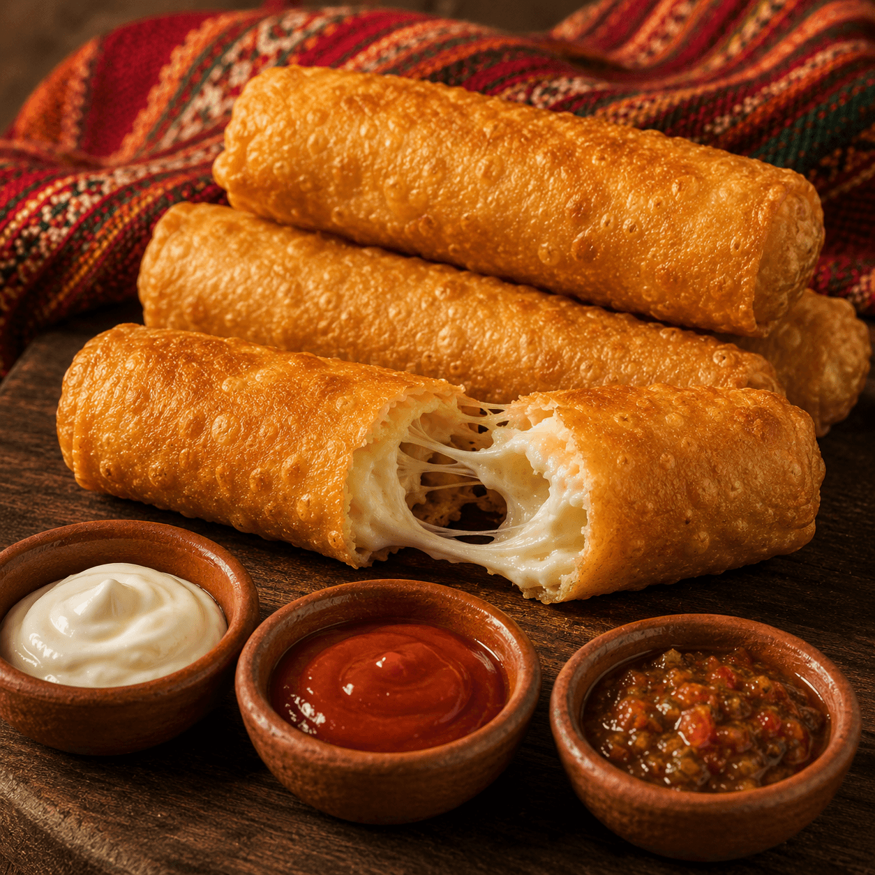 Drei goldgebackene bolivianische Tequeños auf dunklem Holzbrett, mit drei kleinen Schalen Mayonnaise, Ketchup und Llajua.