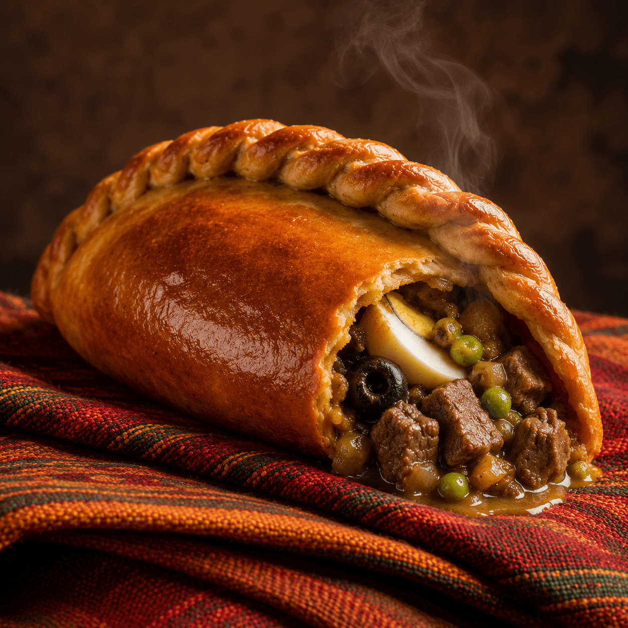 Bolivianische Salteña con Carne mit tiefgoldener glänzender Kruste und traditionellem Repulgue-Rand. Die geöffnete Seite zeigt eine Füllung aus Rindfleischwürfeln, gelber Kartoffel, Erbsen, einer Scheibe gekochten Ei und einer schwarzen Olive in goldenem Caldo. Dampf steigt auf.