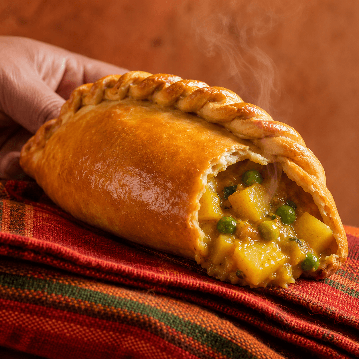 Bolivianische vegane Salteña mit goldener, glänzender Teigkruste und traditionellem Repulgue-Rand. Die geöffnete Seite zeigt eine Füllung aus gelben Kartoffelwürfeln und grünen Erbsen in goldenem Quirquiña- und Ají-amarillo-Sud. Dampf steigt auf, im Hintergrund ein bunter Aguayo-Stoff.