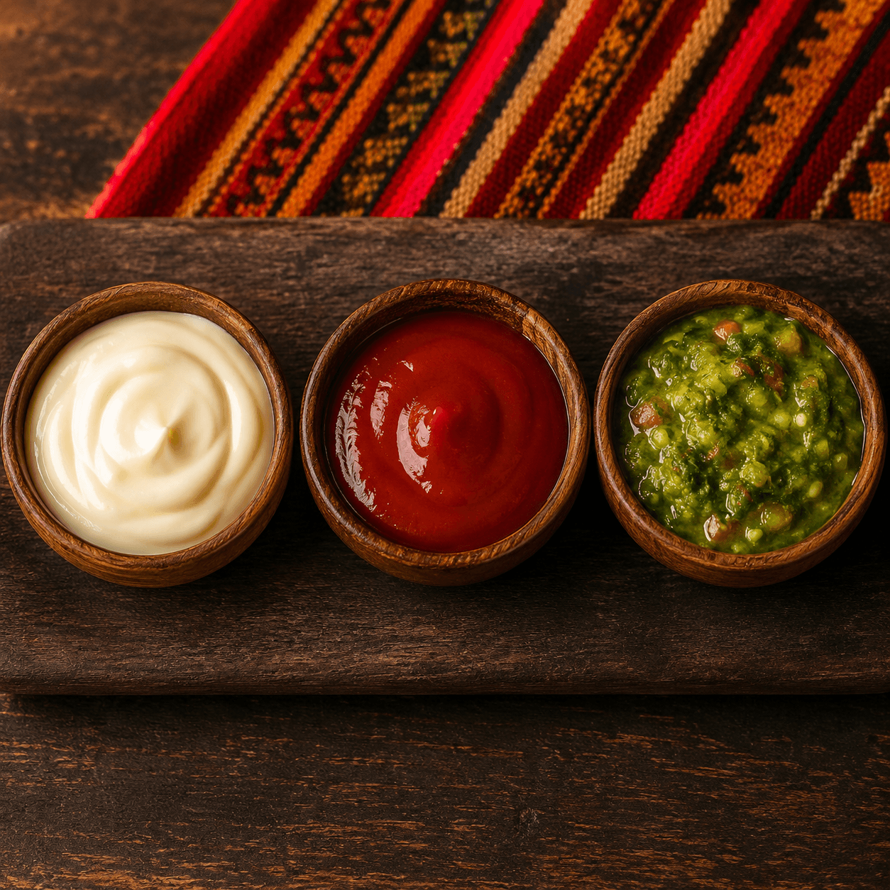 Tres pequeños cuencos de madera oscura sobre tabla de madera. De izquierda a derecha: mayonesa cremosa blanca, kétchup rojo brillante, y llajua boliviana — salsa verde con locoto picante, tomate y quirquiña. Al fondo, un aguayo de colores.